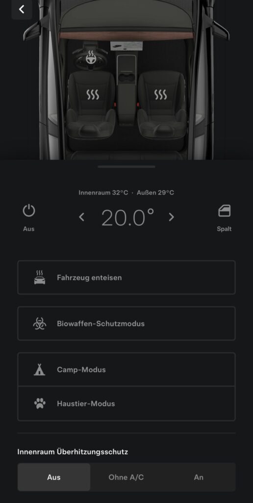 Tesla App, hier kann man den Camp Modus einschalten.
